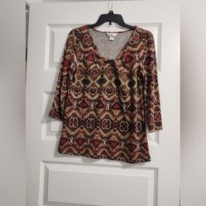 Christopher & Banks Women's Scoop Neck Printed Long Sleeve Top Red Multicolored